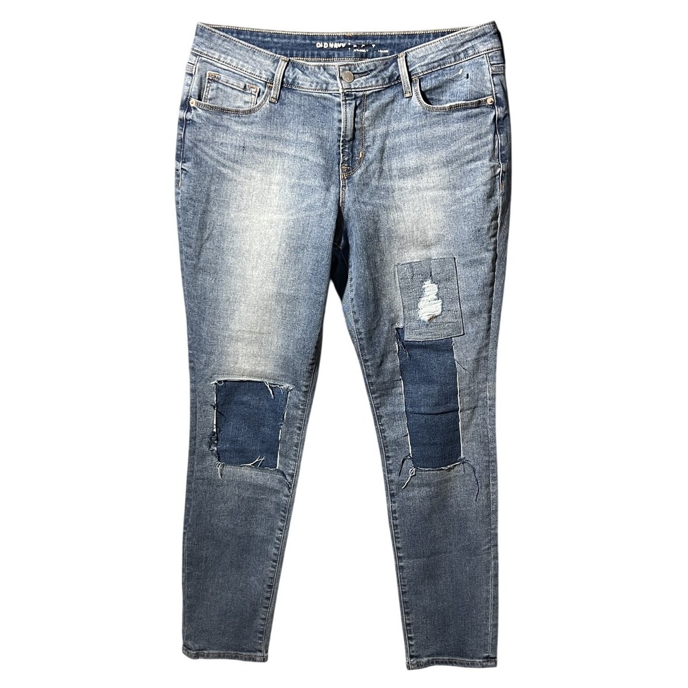 Old Navy Women's 12 Petite Mid-Rise Skinny Jeans Light Wash Distressed Patched